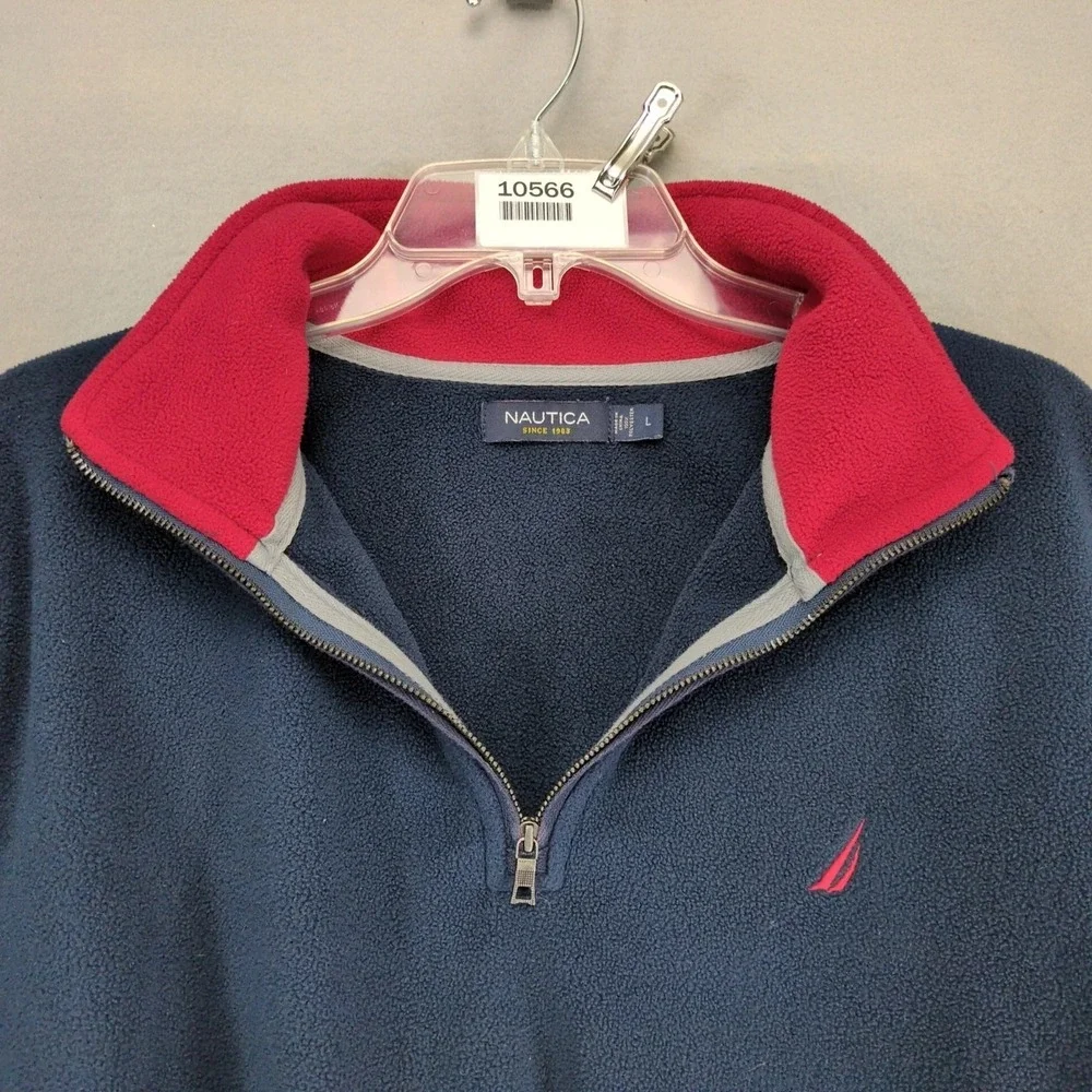 Nautica Blue Fleece Jacket Mens L 1/4 Zip Pullover Red Embroidered Logo‎ Coastal